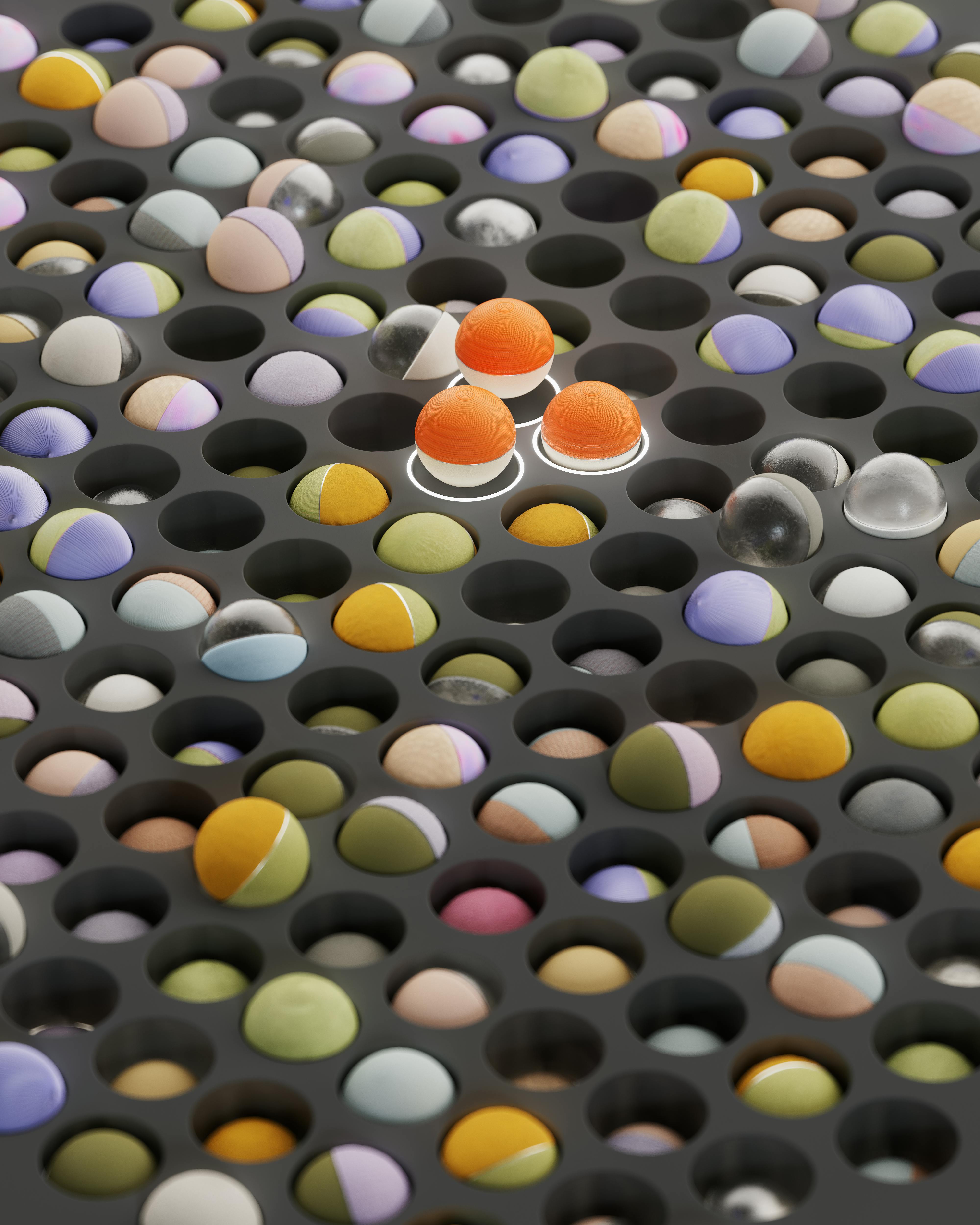 Render abstracto de esferas con tres unidades destacadas